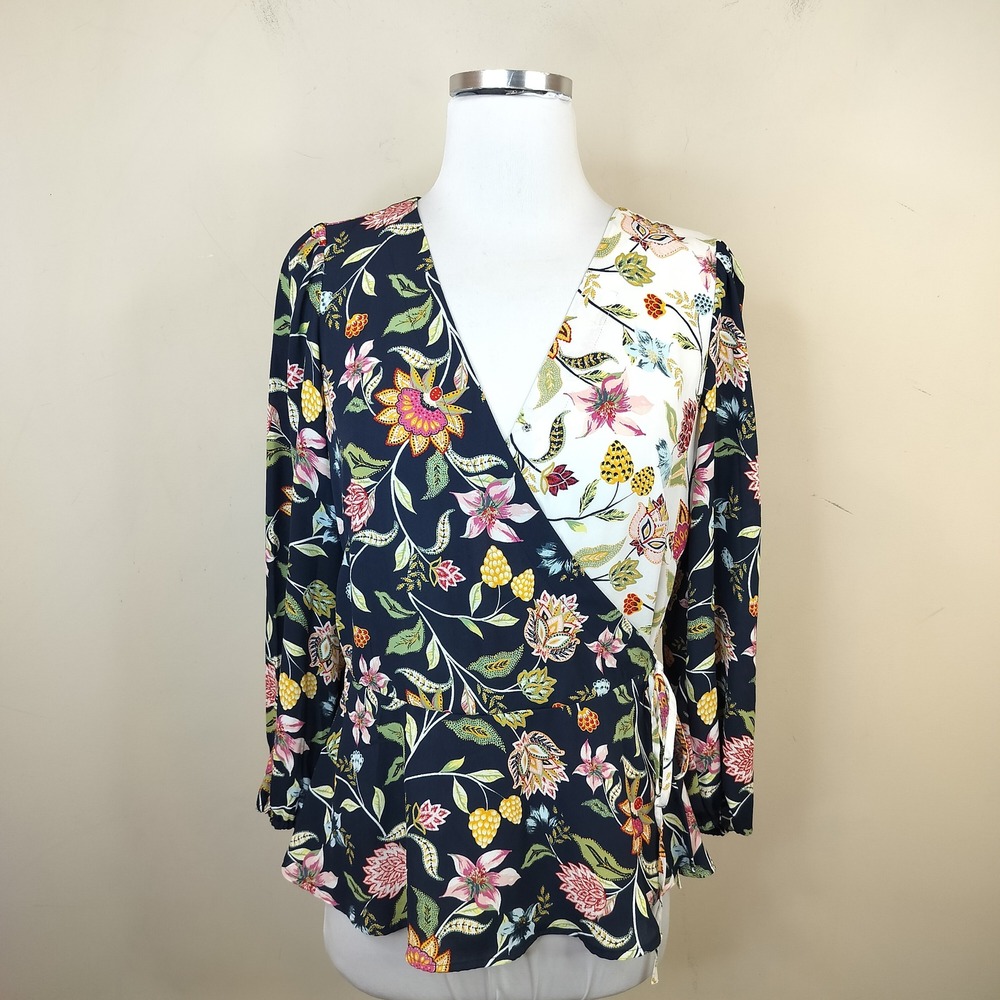 LOFT Floral Patchwork Wrap Blouse Top Petite Small Navy Multi White